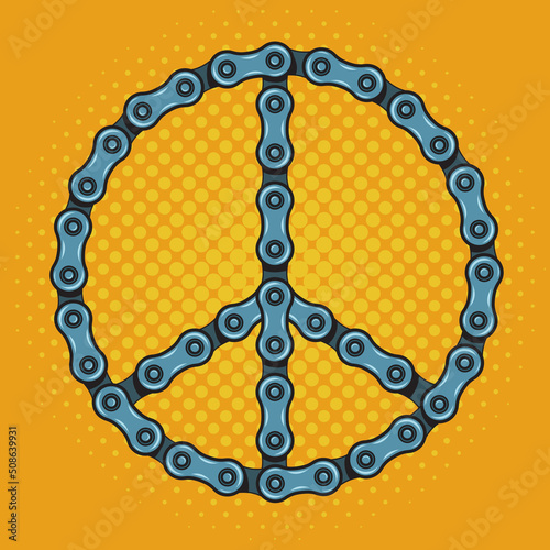Peace symbol made with motorcycle bike chain pop art retro vector illustration. Comic book style imitation.