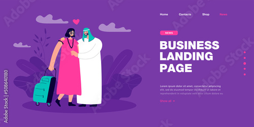 Happy Arab man and woman, couple standing together. Girl with travel suitcase flat vector illustration. Wedding in Emirates, romance, marriage concept for banner, website design or landing web page
