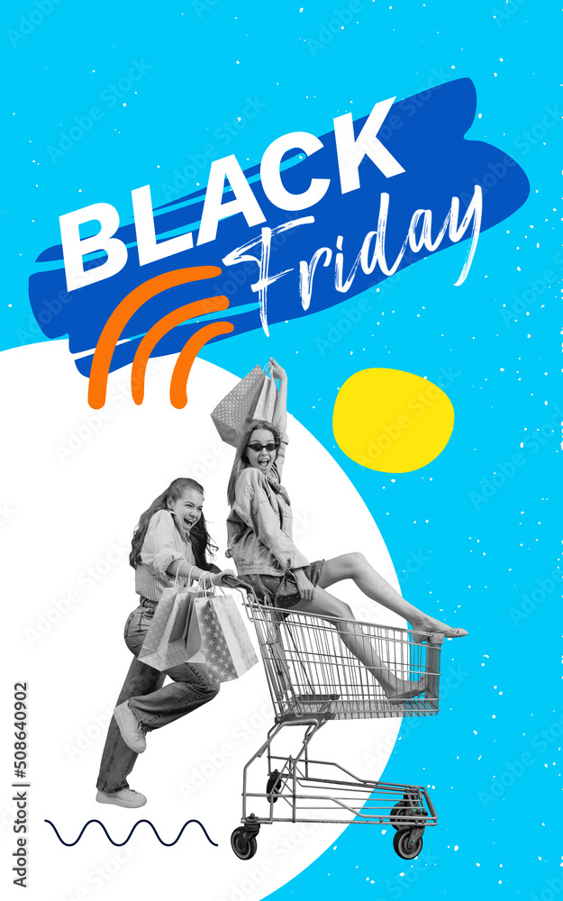Creative poster, flyer with two happy girls with shopping bags ride on shop cart isolated on colorful abstract background. Concept of sales, black friday, discount, emotions