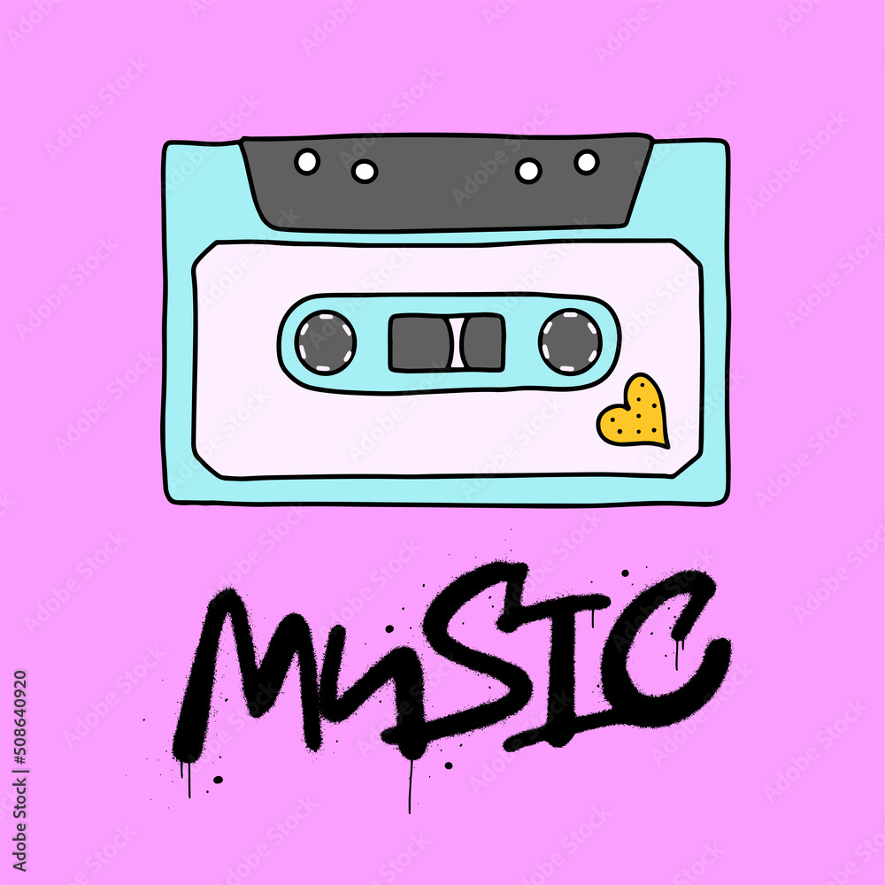 Obraz premium Funny cartoon illustration. Vector icon of tape. Graffiti word of Music. Comic element for sticker, poster, graphic tee print, bullet journal cover, card. 1990s, 1980s style. Bright colors.