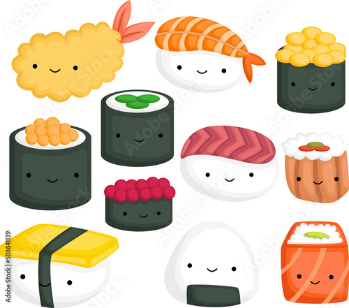 a vector of many types of sushi and a tempura
