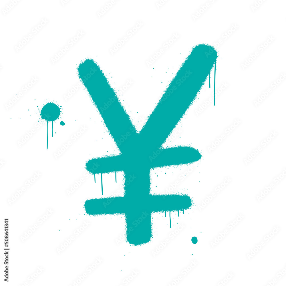 Obraz premium Vector illustration. Japanese yen symbol is on white background. Urban street graffiti style. Splash effects, drops, leaks. Grunge wall art. Concept for economy, finance, currency, exchange.