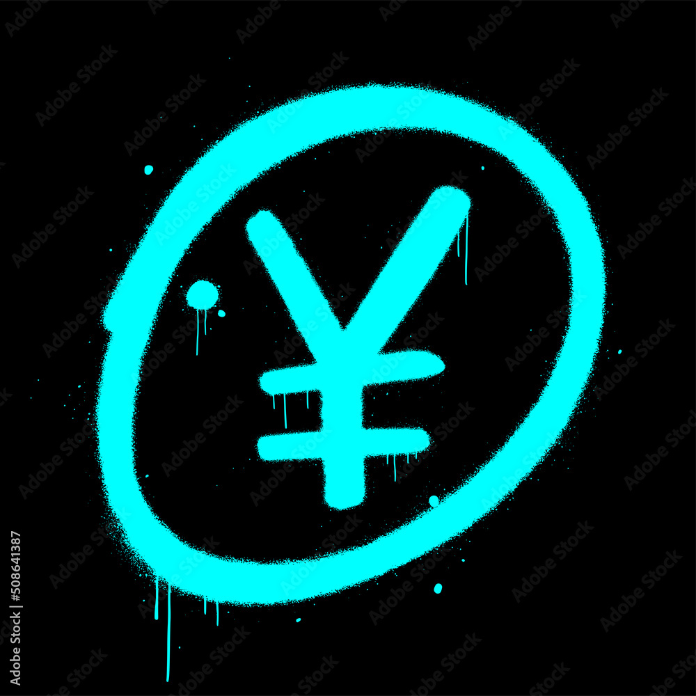 Obraz premium Vector illustration. Japanese yen symbol in circle. Neon blue tag is on white background. Urban street graffiti. Style of 80s, 90s. Grunge wall art. Concept for economy, finance, currency, exchange.