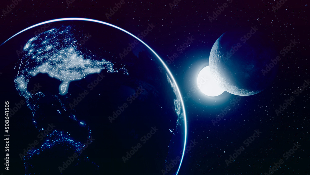 cosmic background with earth and moon and bright sun star. 