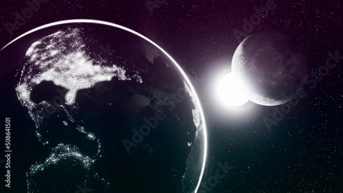 Fototapeta Naklejka Na Ścianę i Meble -  cosmic background with earth and moon and bright sun star. 
