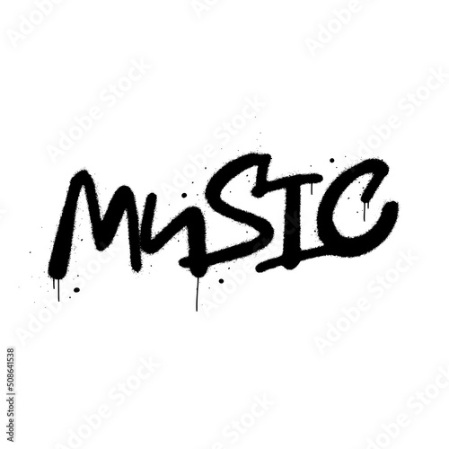 Vector illustration. Slogan of Music, splash effects and drops. Urban street graffiti style. Black letters is sprayed on white background. Concept for festival, record and vinyl store.