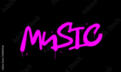 Vector illustration. Slogan of Music, splash effects and drops. Urban street graffiti style. Neon purple letters is sprayed on black background. Concept for festival, record and vinyl store.