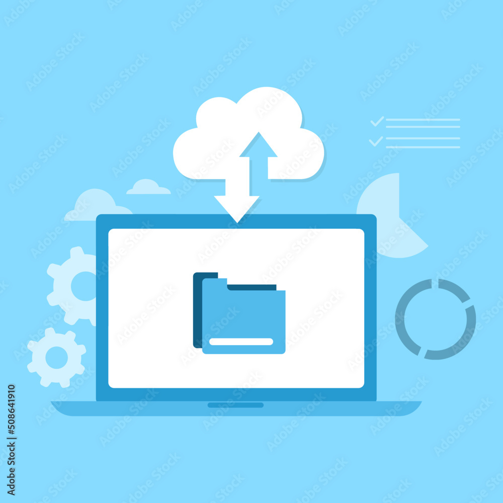 cloud computing concept, data center, file management, cloud storage flat illustration vector on blue background cloud computing concept, data center, file management, cloud storage flat illustration vector on blue background