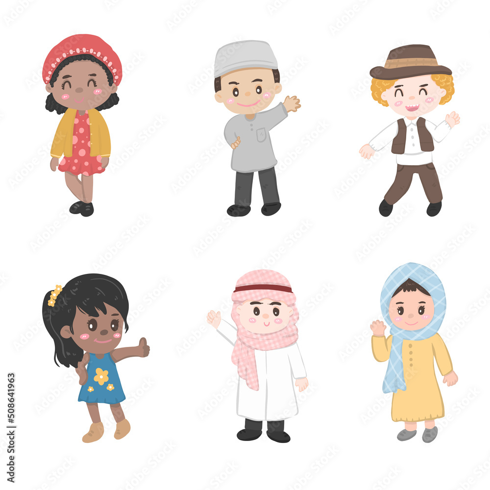 Collection of happy girls and boys portrait character illustration vector, diversity kids of nationalities Collection of happy girls and boys portrait character illustration vector, diversity kids of nationalities