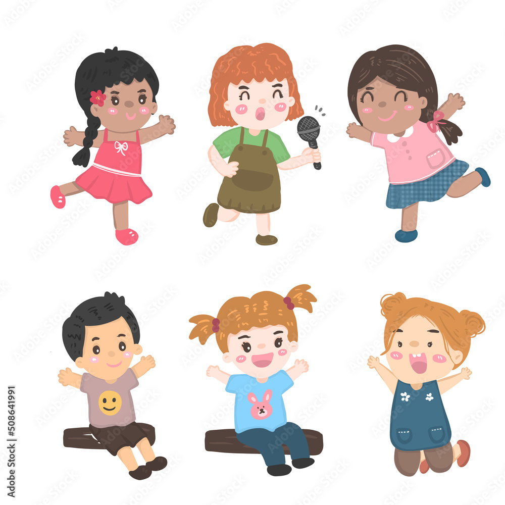 Collection of happy girls and boys portrait character illustration vector, diversity kids of nationalities sit and play on white background Collection of happy girls and boys portrait character illustration vector, diversity kids of nationalities sit and play on white background