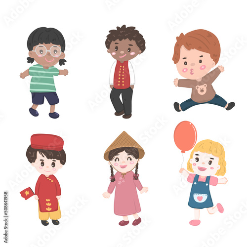 Collection of happy girls and boys portrait character illustration vector, diversity kids of nationalities