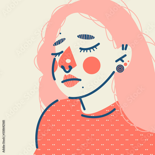 Cute postcard, print, illustration with a portrait of a girl with pink hair