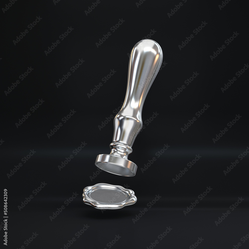 Silver stamp and silver wax seal floating on a black background, 3d render Silver stamp and silver wax seal floating on a black background, 3d render
