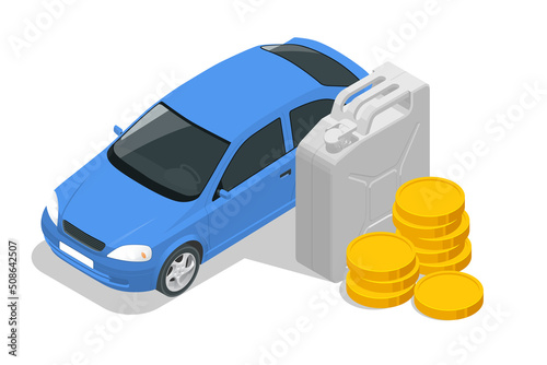 Isometric Gas petroleum petrol refill station concept. Car, canister and money.