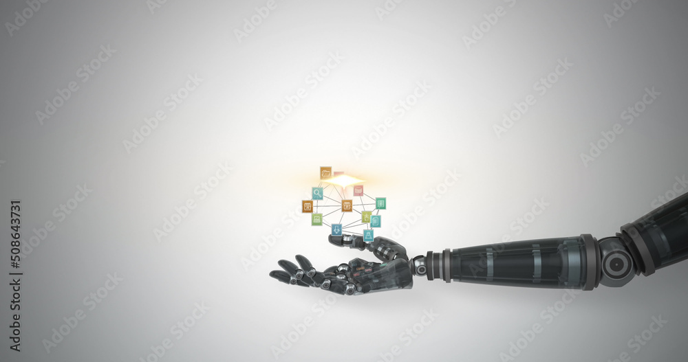 Image of network of media icons and glowing light over hand of robot arm, on grey background