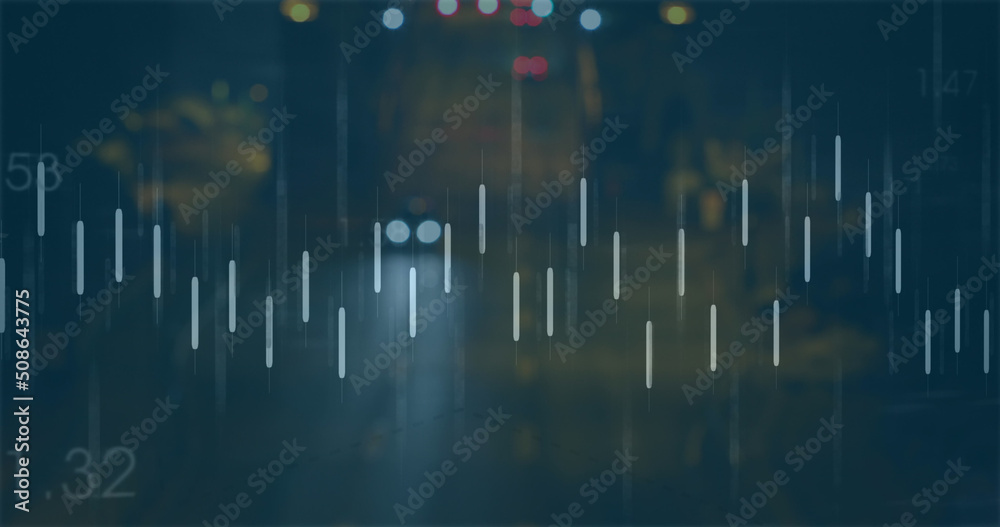 Obraz premium Image of financial data processing over cityscape