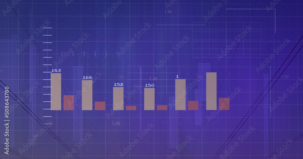 Image of financial data processing over electricity pylons and landscape Image of financial data processing over electricity pylons and landscape