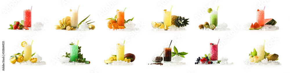 Ice fruit drink collection with white isolated background - obrazy, fototapety, plakaty 
