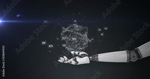 Fototapeta Naklejka Na Ścianę i Meble -  Image of network of processing data over hand of robot arm, with blue light on black background