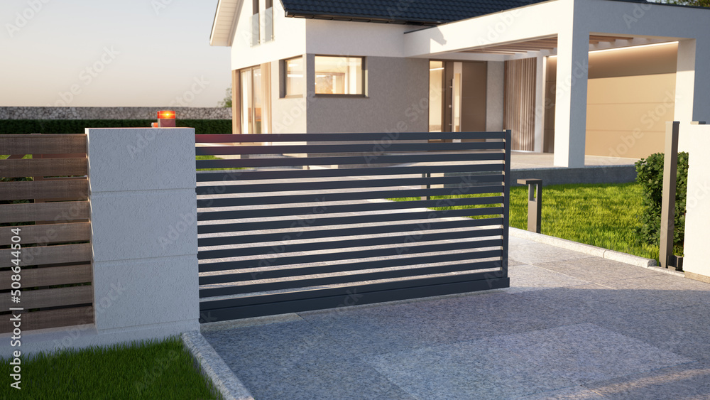 Automatic Sliding Gate and modern house, 3d illustration Stock