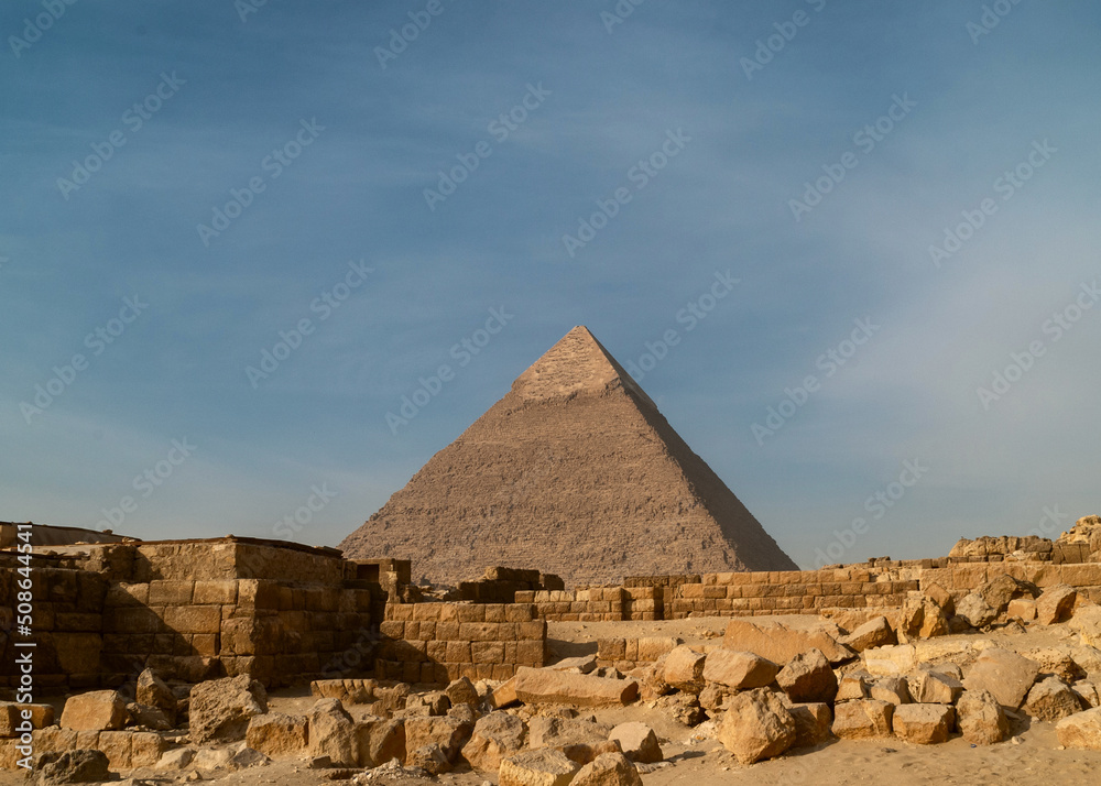 The great Egyptian pyramids. The ancient ruins with Khafre pyramid. The great Egyptian pyramids. The ancient ruins with Khafre pyramid.