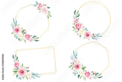 Watercolor rose flower with golden frames