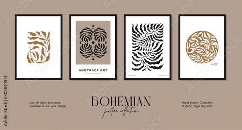 Abstract boho style art print poster collection. Groovy flowers, botanical vector illustrations