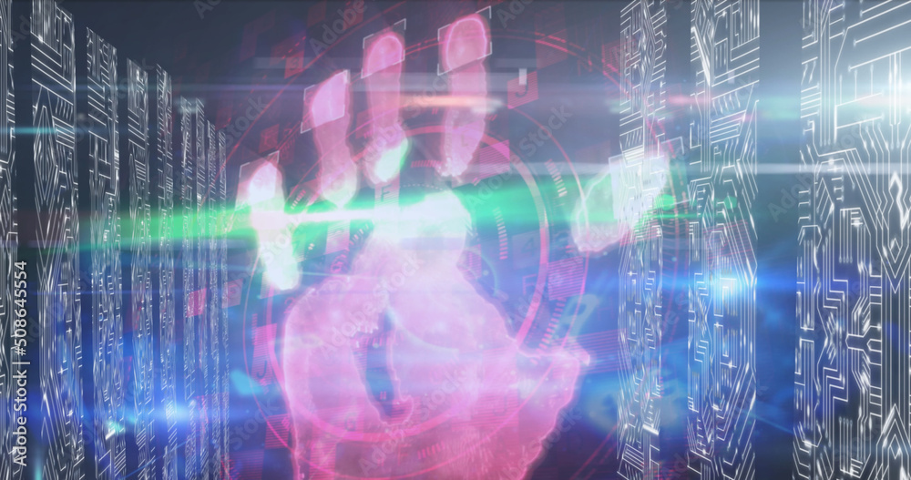 Human hands scanning against microprocessor connections on blue background Human hands scanning against microprocessor connections on blue background