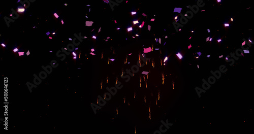 Image of confetti with fireworks on black background