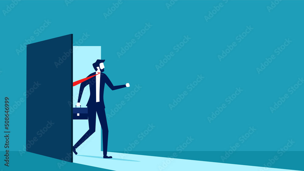 New employees enter the workforce. businessman opens the door to enter. business concept vector illustration eps