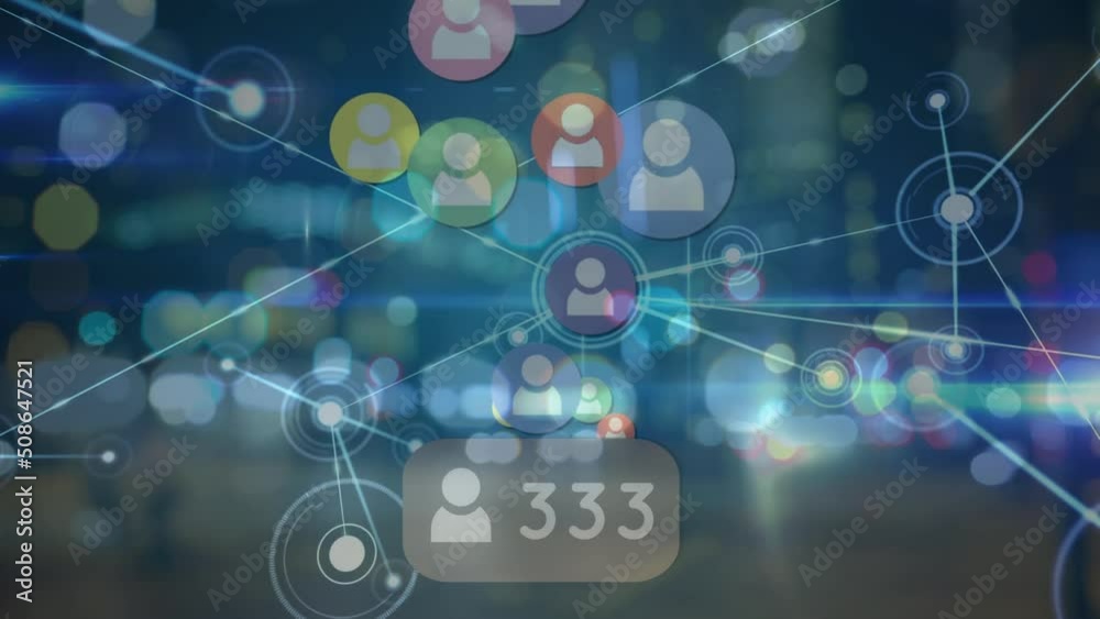 Animation of network of connections with digital icons over city lights background Animation of network of connections with digital icons over city lights background