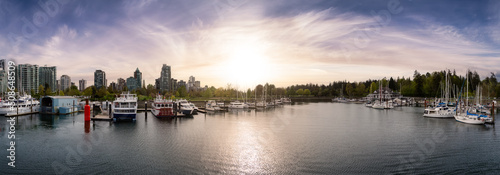 Panoramic View of Coal Harbour, Marina and Stanley Park. Sunset Sky Art Render. Downtown Vancouver, British Columbia, Canada.
