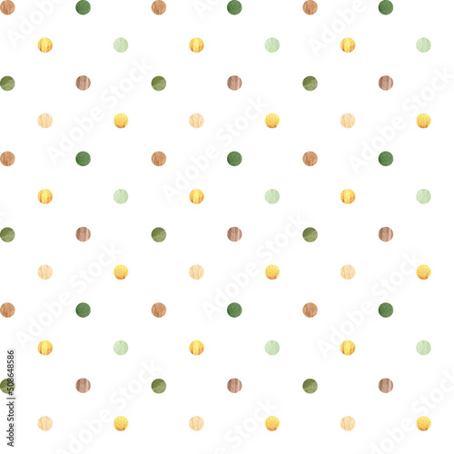 Fototapeta Naklejka Na Ścianę i Meble -  Watercolor seamless pattern. Polka dot baby print. Brown, green, yellow dots on white background. For wallpapers, postcards, wrappers, greeting cards, textile, invitations