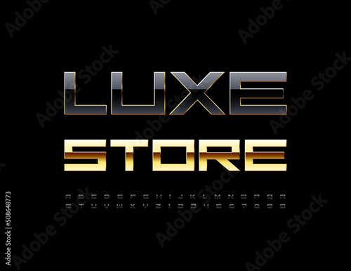 Vector premium sign Luxe Store. Futuristic chic Font. Black and Gold Alphabet Letters and Numbers set