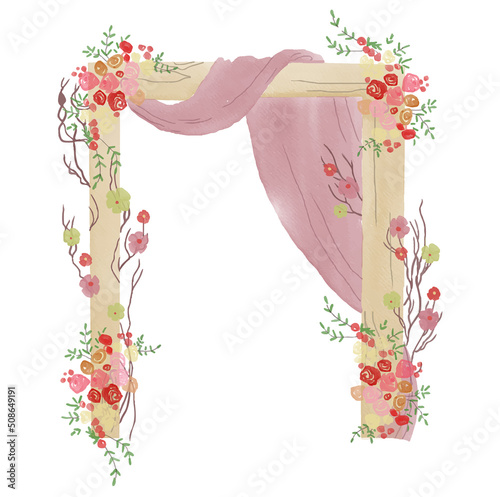 watercolor garden arches with blooming white and pink roses. Original illustration for wedding environment and landscape design