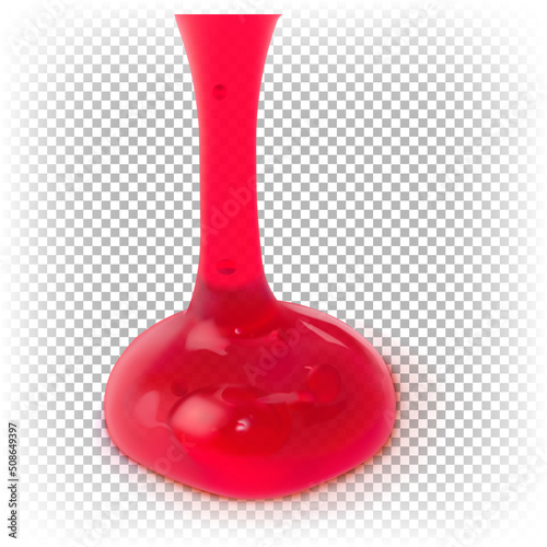 Vector 3d realistic illustration of red transparent flowing jam. Sweet berry sauce, dessert, confiture isolated on white transparent background.