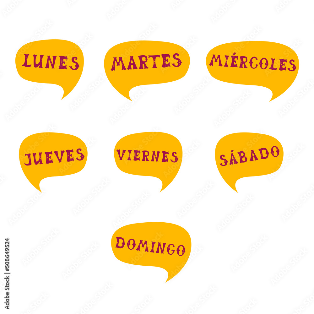 Lettering In Spanish Days Of The Week Monday Tuesday Wednesday