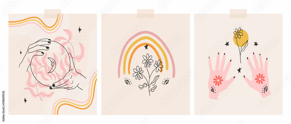 Pastel square card collection. Cute freehand drawings of witchcraft symbols with retro vibe. Vector illustrations.
