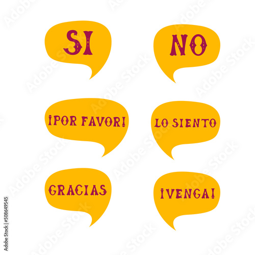 English translation yes no please sorry thank you go on. Comics speech bubble set with Spanish words made of letters in mexican style. Label, text, quote, exclamation. Flat vector illustration  photo