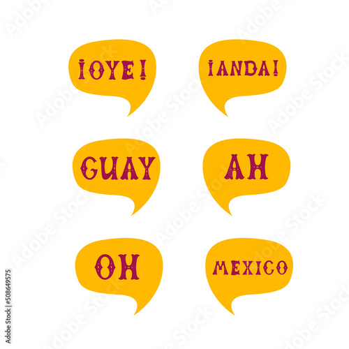 English translation oh ah mexico cool come on go on. Comics speech bubble set with Spanish words ah oh anda made of letters in mexican style. Label, text, quote, exclamation. Flat vector illustration photo