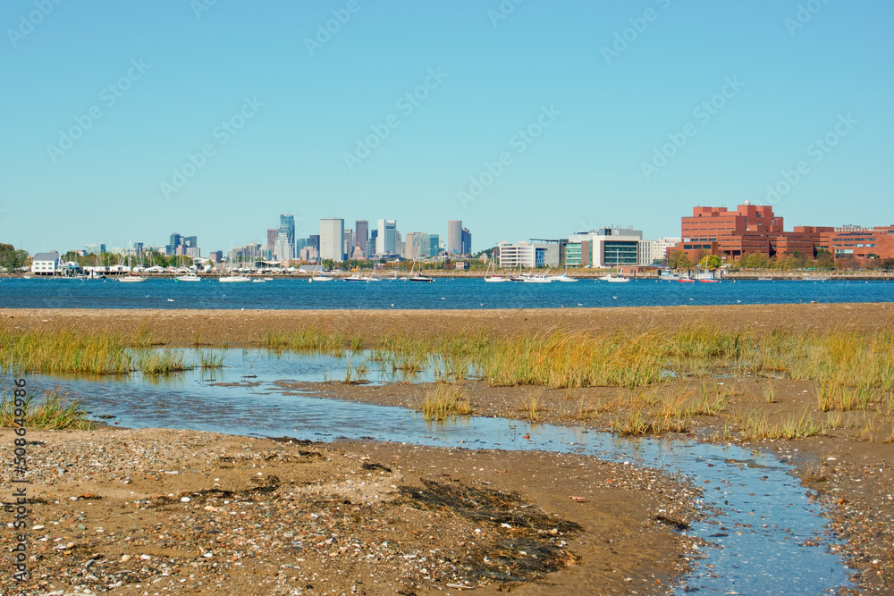 Boston skyline viewed from Squantum park Quincy MA USA