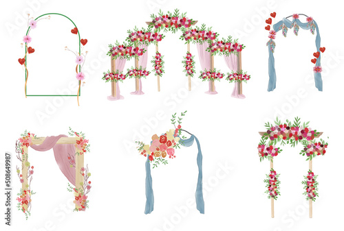 Set of watercolor garden arches with blooming white and pink roses. Original illustration for wedding environment and landscape design