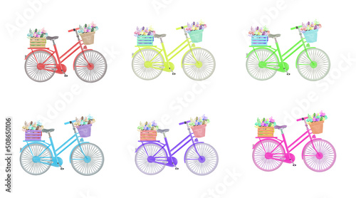 set of watercolor Summer romantic clipart with apricot pink vintage bicycle, isolated on white background. Beautiful hand painted bike with pretty flowers in a wooden crate. Floral bouquet with roses 