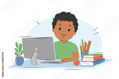 Happy little African American boy studies with computer and books. Online education, home school concept. Vector illustration