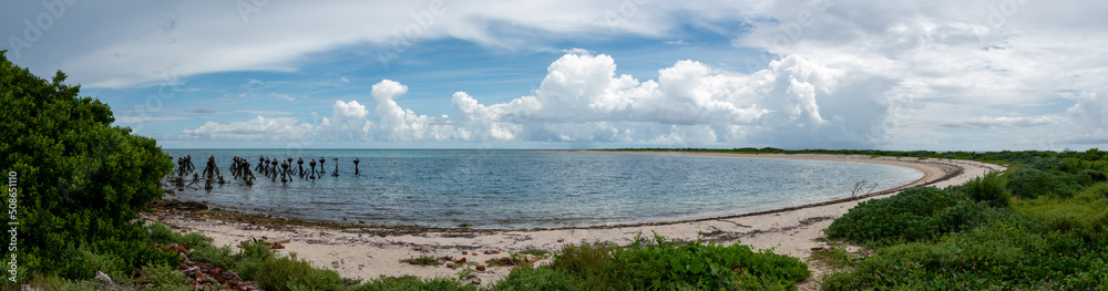 A panoramic view of the beach at Dry Tortugas National Park