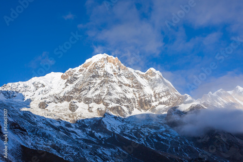 Peak of Mount Annapurna South on sunrise  Annapurna Base Camp   Annapurna Conservation Area  Himalaya  Nepal.