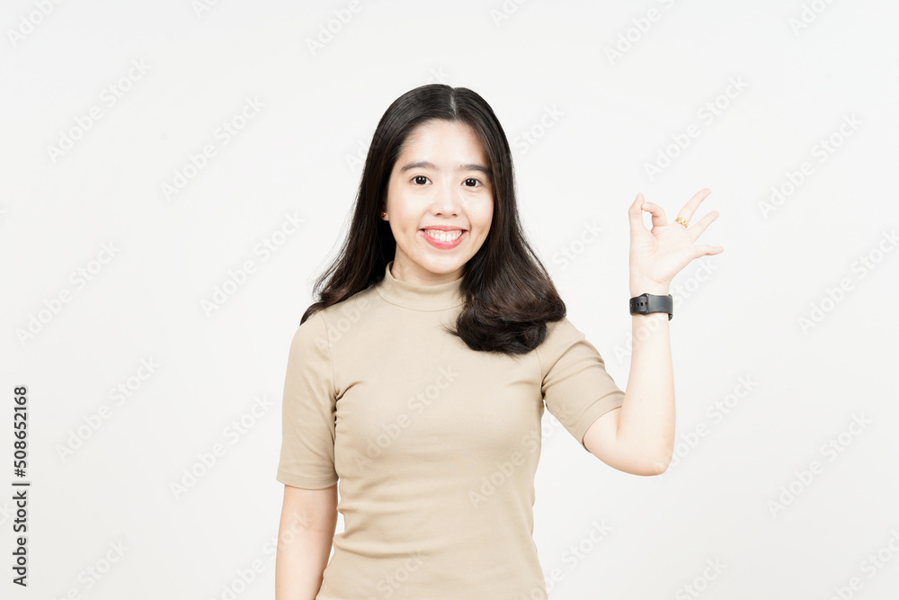 Showing OK Sign Of Beautiful Asian Woman Isolated On White Background Showing OK Sign Of Beautiful Asian Woman Isolated On White Background
