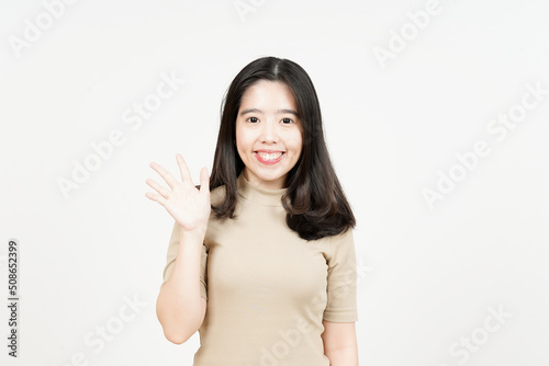 Hi Greeting or Waving at Camera Of Beautiful Asian Woman Isolated On White Background