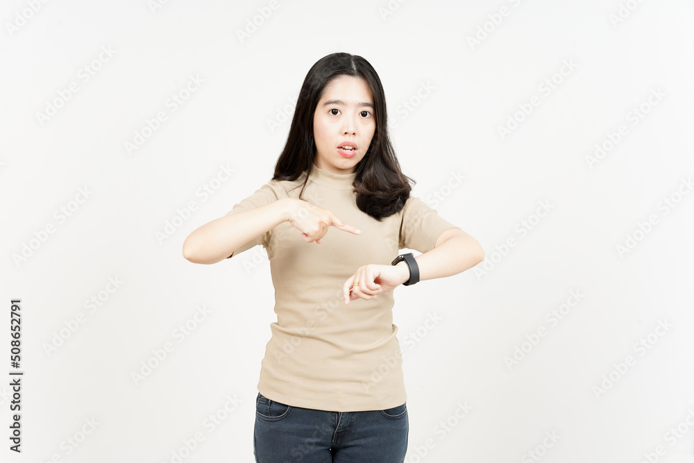 Pointing to watch, Angry for late Of Beautiful Asian Woman Isolated On White Background Pointing to watch, Angry for late Of Beautiful Asian Woman Isolated On White Background