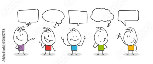 Stick figures. People with speech bubbles. Cartoon style. Social networks, news, social networks, chat, dialogue speech bubbles.